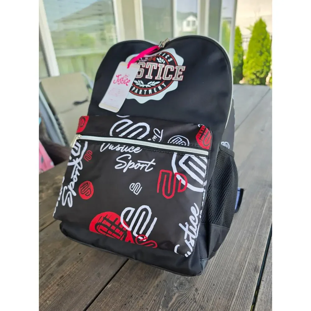 BRAND New With Tags Justice Girls Black w/ Designs Backpack School